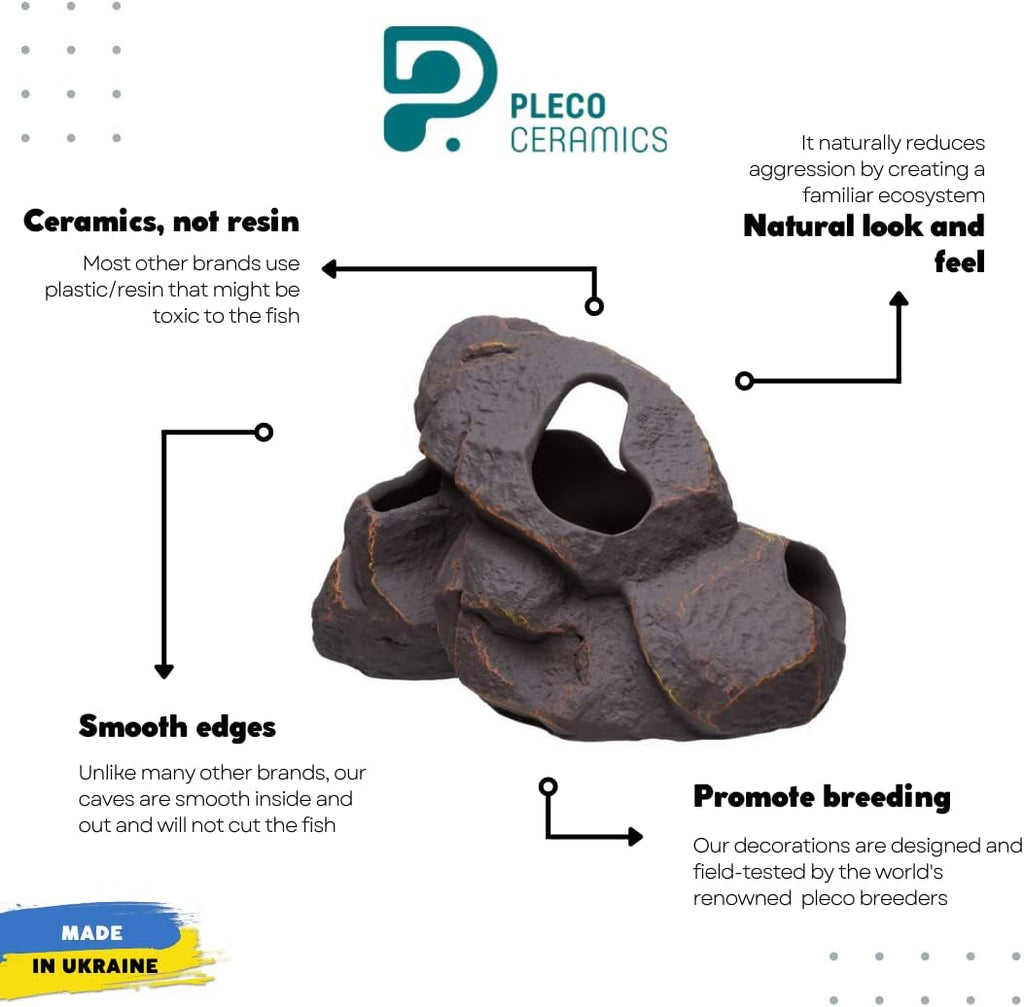 Plecoceramics Aquarium Ceramic Decorations Cave Betta Stone Decor - Aquarium Fish Tank Hideway Decor for breeding Cichlids Plecos Betta Toys Hideout (Magma Rock)