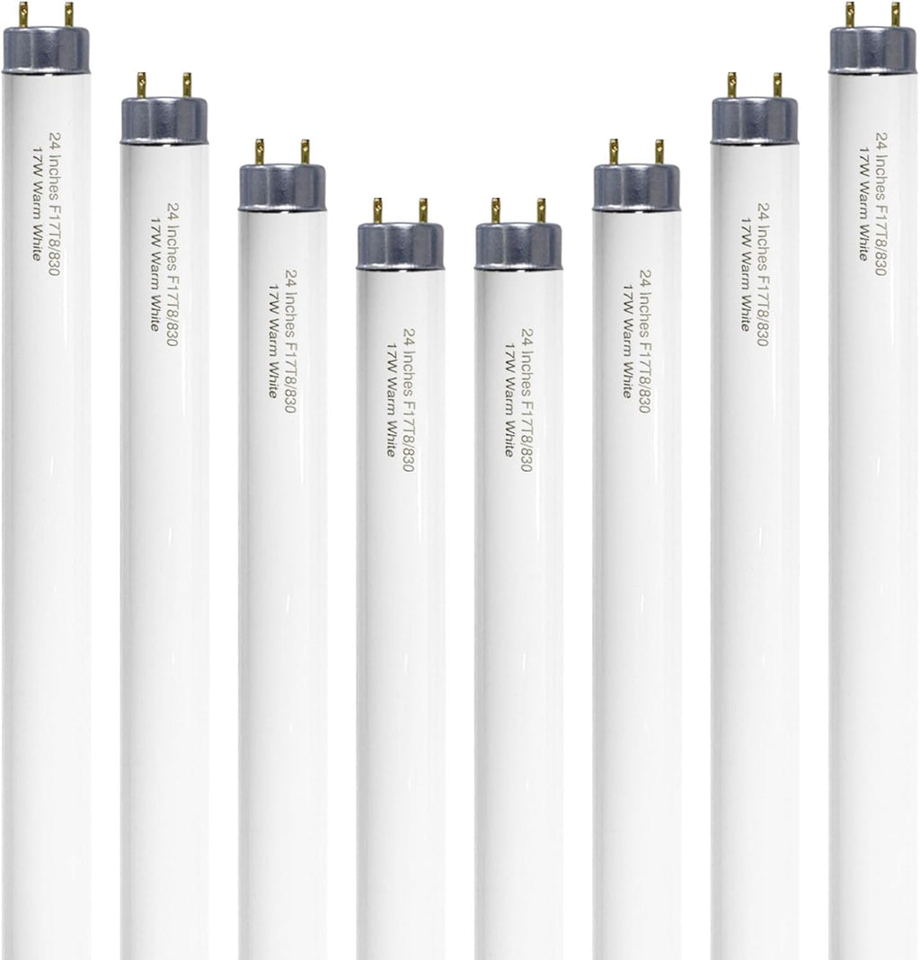 24 inch F17T8/830 17 Watts Light Bulb Warm White, 2 Foot Straight Fluorescent Tube T8 Tube Light F17T8/WW, 1500 Lumen G13 Medium Bi-Pin Cap 8 Pack