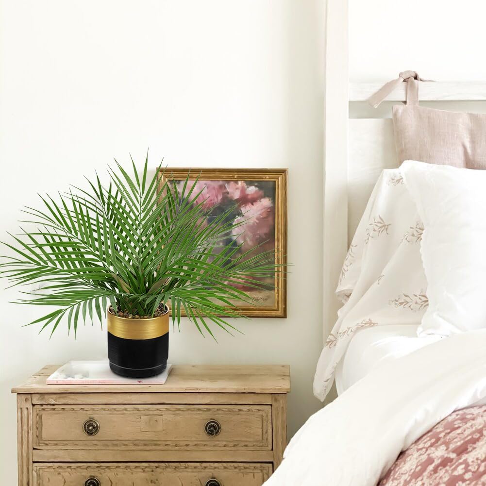 Briful Fake Plant 15.7’’ Artificial Palm Plant in Gold Black Pot Real Touch Faux Tropical Palm Tree Houseplant for Home Indoor Living Room Tabletop Balcony Decorations