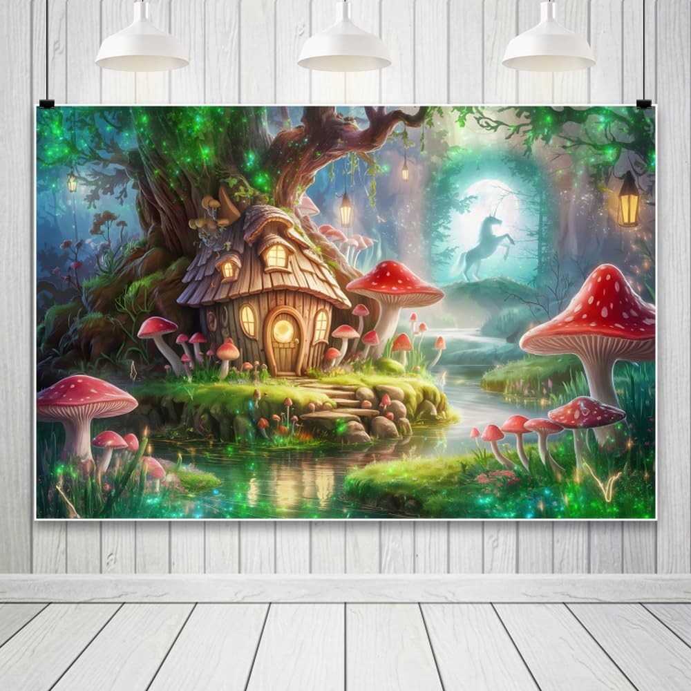 AOFOTO 6x4ft Magic Tree House Photoshoot Backdrop Mushroom Unicorn River Enchanted Forest Photography Background Fairy Tale Wonderland Theme Party Decoration Girls Princess Kids Birthday Banner