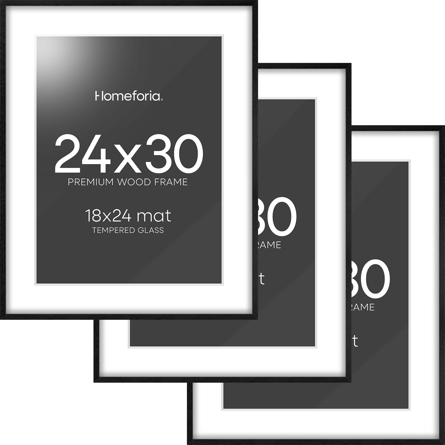 Homeforia Poster Frame 24x30 Black, High End Oak 24x30 Wooden Picture Frames with Mat 18x24 in Photo, 24 x 30 Large Wood Frame Matted to 18 by 24 Print, 30x24 Frame, Tempered Glass, Wall Kit, Set of 3