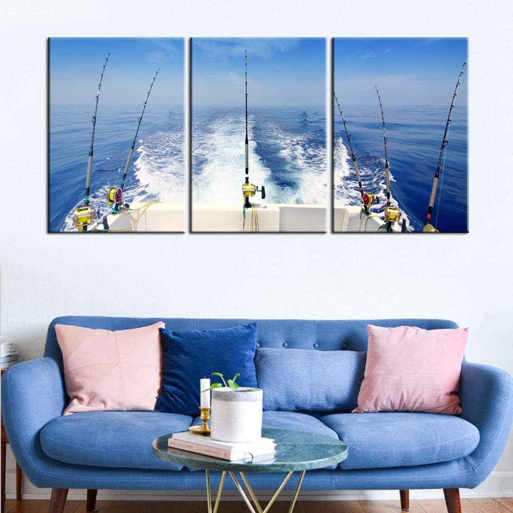Wall Art for Living Room Fishing Gears and Fisherman Boat Pictures Blue Seascape Paintings Premium Quality Artwork on Canvas Bedroom House Decor Framed Ready to Hang Posters and Prints(60''Wx28''H)