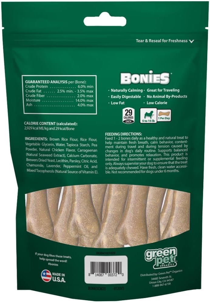 Bonies Natural Calming Formula Minis-Sized Bone - Contains Chamomile & Lavender, Help Anxiety, Excessive Barking & Trembling, Chicken Flavor, MINI Dog, 20 Bones
