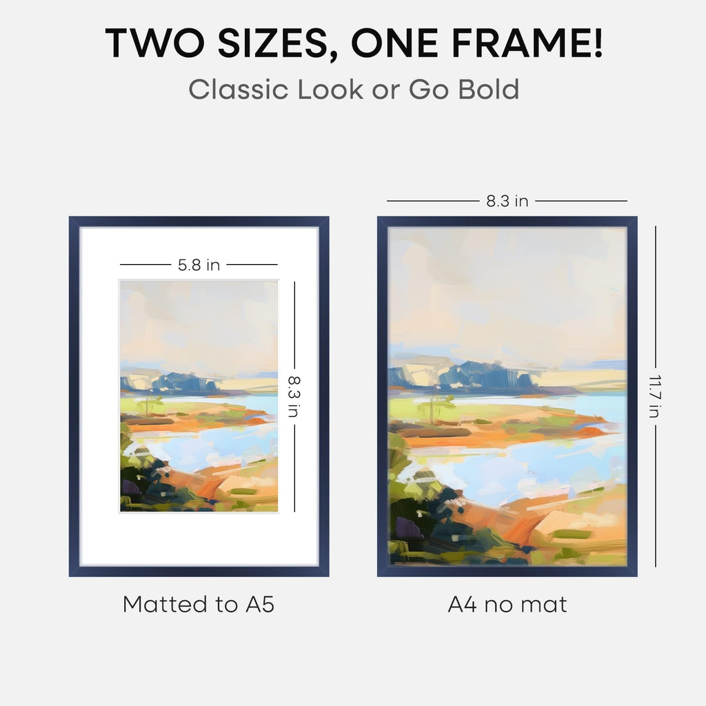 Homeforia A4 Picture Frame Navy Blue, High End Metal 8.3 x 11.7 inch Poster Frames with Mat 5.8 by 8.3 Art, A4 Size Frames Matted to A5 Photo, 8.3x11.7 Wall or Tabletop Frame, Tempered Glass, Set of 1