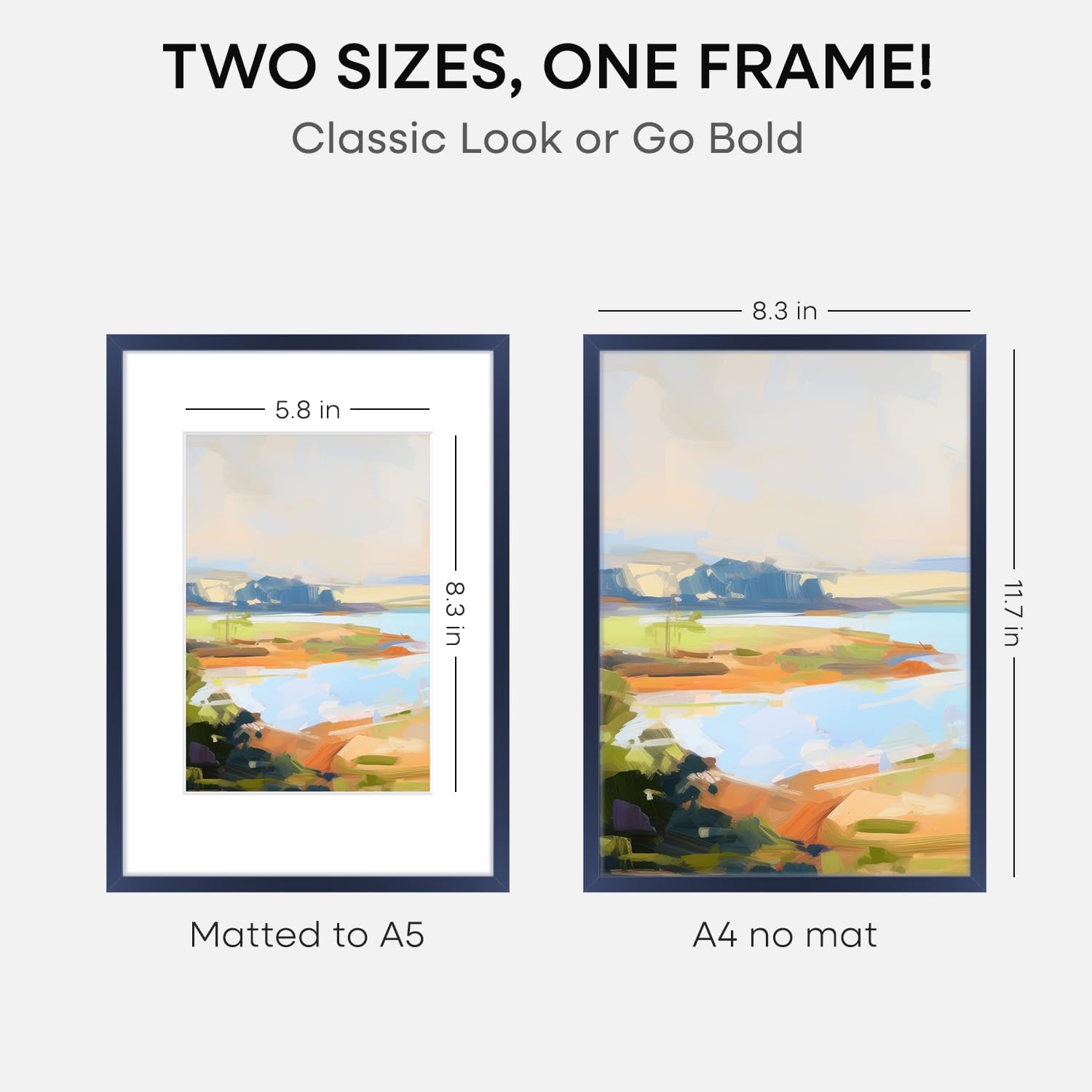 Homeforia A4 Picture Frame Navy Blue, High End Metal 8.3 x 11.7 inch Poster Frames with Mat 5.8 by 8.3 Art, A4 Size Frames Matted to A5 Photo, 8.3x11.7 Wall or Tabletop Frame, Tempered Glass, Set of 1