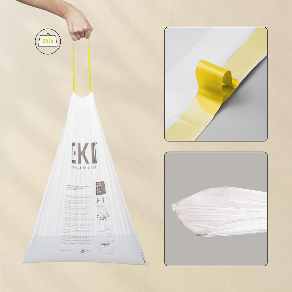 EKO 8 Gallon / 30.3 Liter, 60 Count Drawstring Trash Bags, Extra-Strong Unscented Garbage Bags, Easy-Dispense Roll for Kitchen & Household Use, Resists Tears, Leaks and Punctures, Code F-1, White
