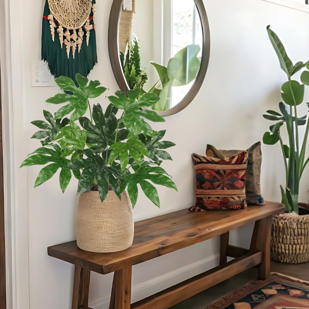 Hollyone 2PCS Artificial Fatsia Jaonica Leaves 30.7" Fake Tropical Monstera Bushes Tree Leaf Large Faux Greenery Stem Shrub for Indoor Outdoor Home Garden Arrangement Jungle Safari Wedding Party Decor