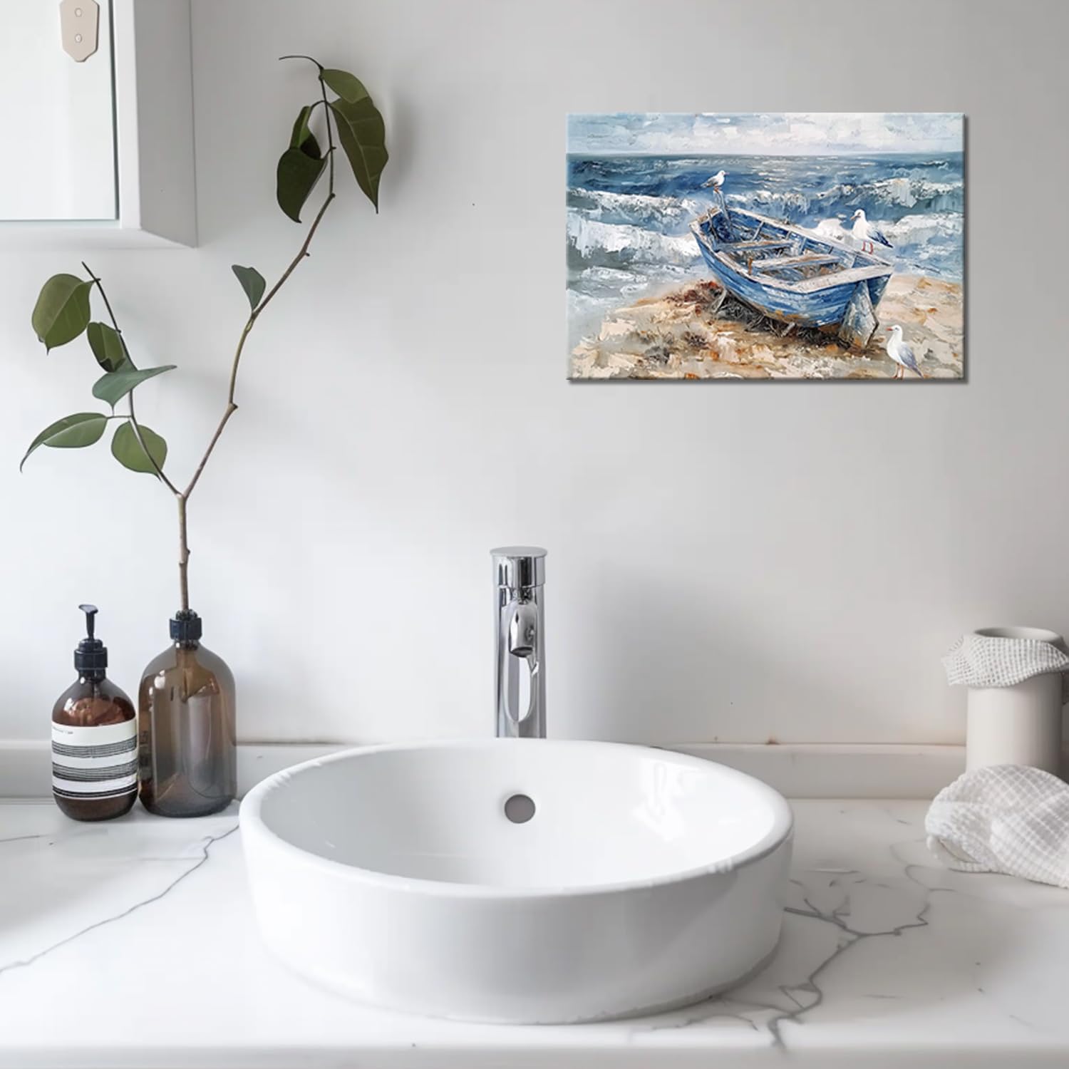 GLOKAKA Bathroom Wall Art Coastal Decor Boat on Beach Canvas Picture Seagull Seascape Wall Decor Abstract Ocean Seashore Print Painting for Bedroom Office