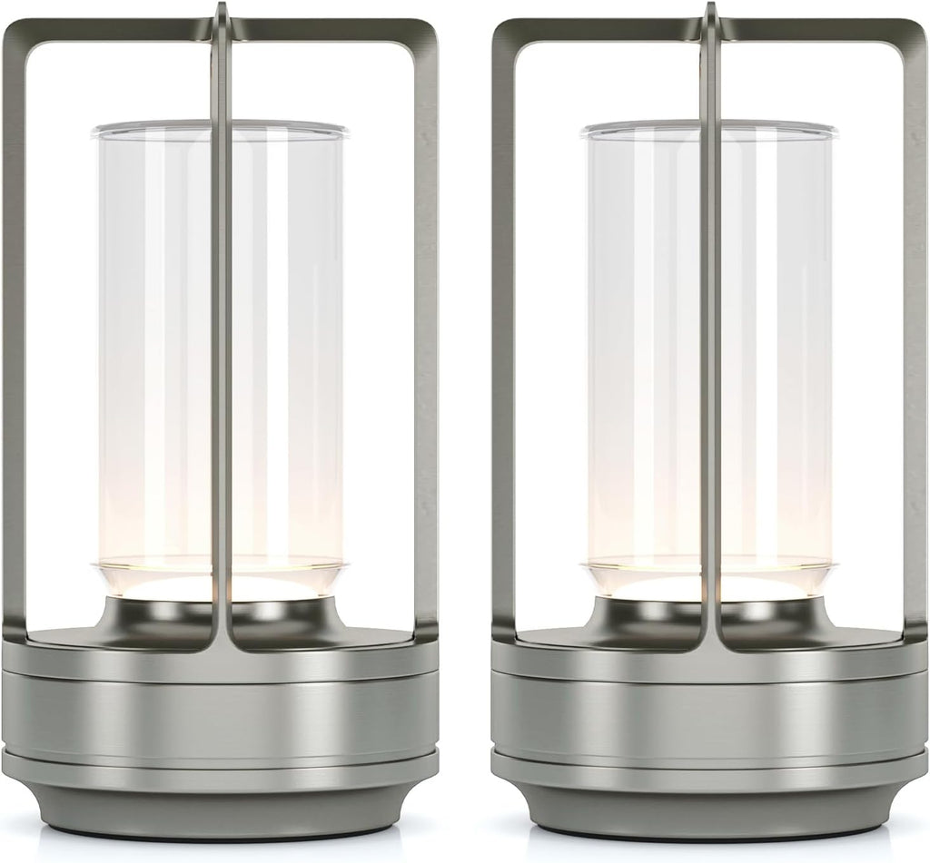 Portable Metal Table Lamp for Indoor/Outdoor ,Rechargeable Cordless LED Lamp, 3-Colour Infinitely Dimming Battery Powered Small Desk Lamp, Restaurant/Bedroom/Bar/Coffee/Camping Light (Sliver Set of 2)