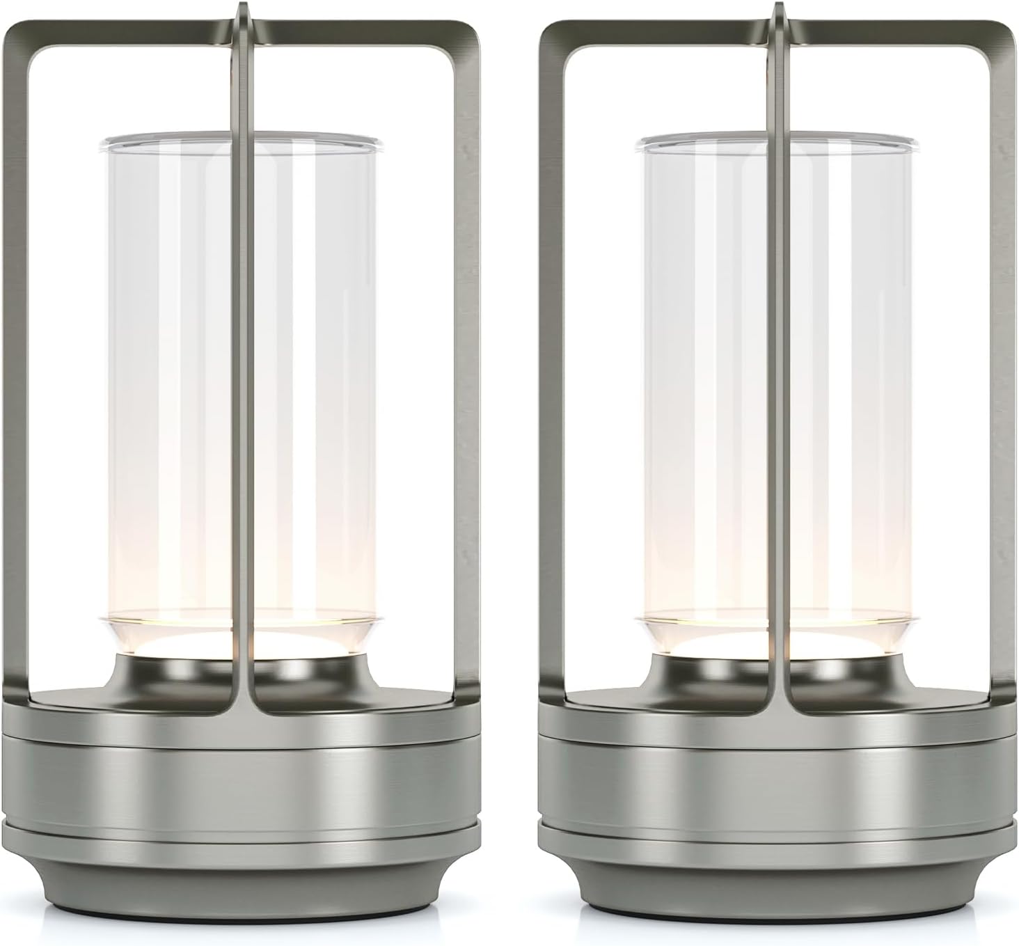 Portable Metal Table Lamp for Indoor/Outdoor ,Rechargeable Cordless LED Lamp, 3-Colour Infinitely Dimming Battery Powered Small Desk Lamp, Restaurant/Bedroom/Bar/Coffee/Camping Light (Sliver Set of 2)