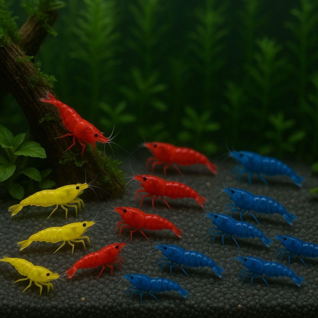 7 Yellow, 7 Fire Red & 7 Blue Dream Three Mix Colors Live Shrimps Freshwater Shrimp High Grade Live Shrimps – Freshwater Shrimp Aquarium Inverts – with Live Arrival Guarantee (Pack of 21+)
