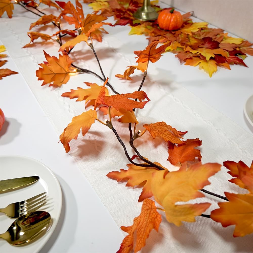 6.56FT Lighted Fall Garland with Lights 24 Warm White LED Battery Operated with Time Maple Leaf Vine Garland Lights Wreath for Mantle Fireplace Door Home Thanksgiving Harvest Decoration Indoor Outdoor