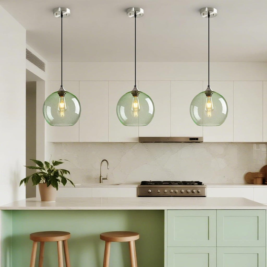 Light Green Glass Pendant Lights Kitchen Island Globe Pendant Light Fixtures Modern Pendant Lighting for Bedroom Living Dining Room Light Fixture (9.84 in, 2 Pack)