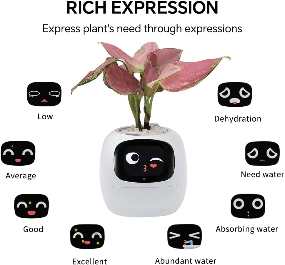 Smart Plant Pot with Expression, AI Intelligent Flower Pot for Indoor Decoration, Smart Garden Pot with Water/Light/Temperature Sensors, Ivy AI Planter(White)