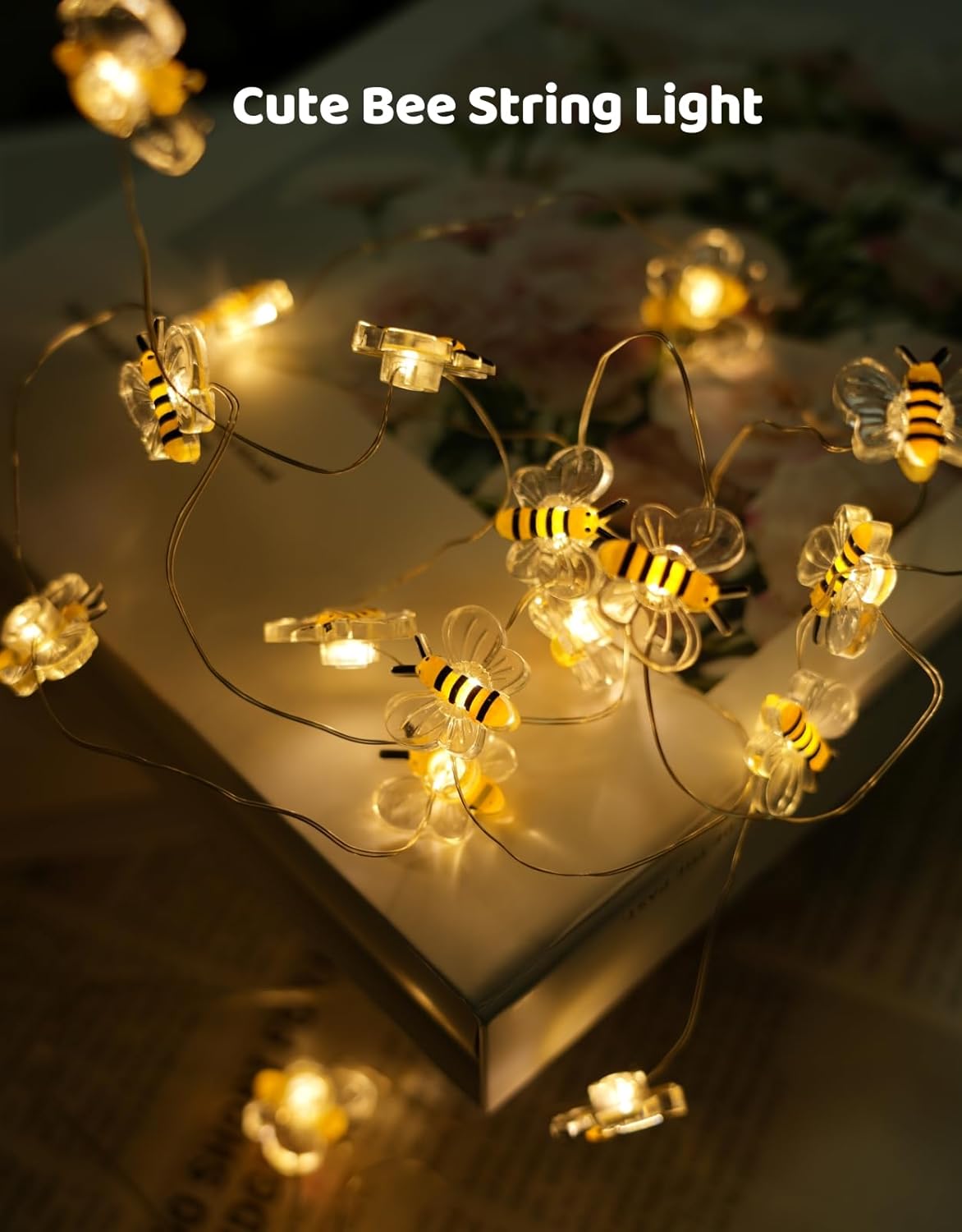 Bee Decor String Lights 10Ft 30 Led Battery Operated Bee Bumble Whimsical Decor Bee Decorations Honey Bee Gifts for DIY, Home, Classroom, Birthday, Kids Room, Garden, Wedding, Party