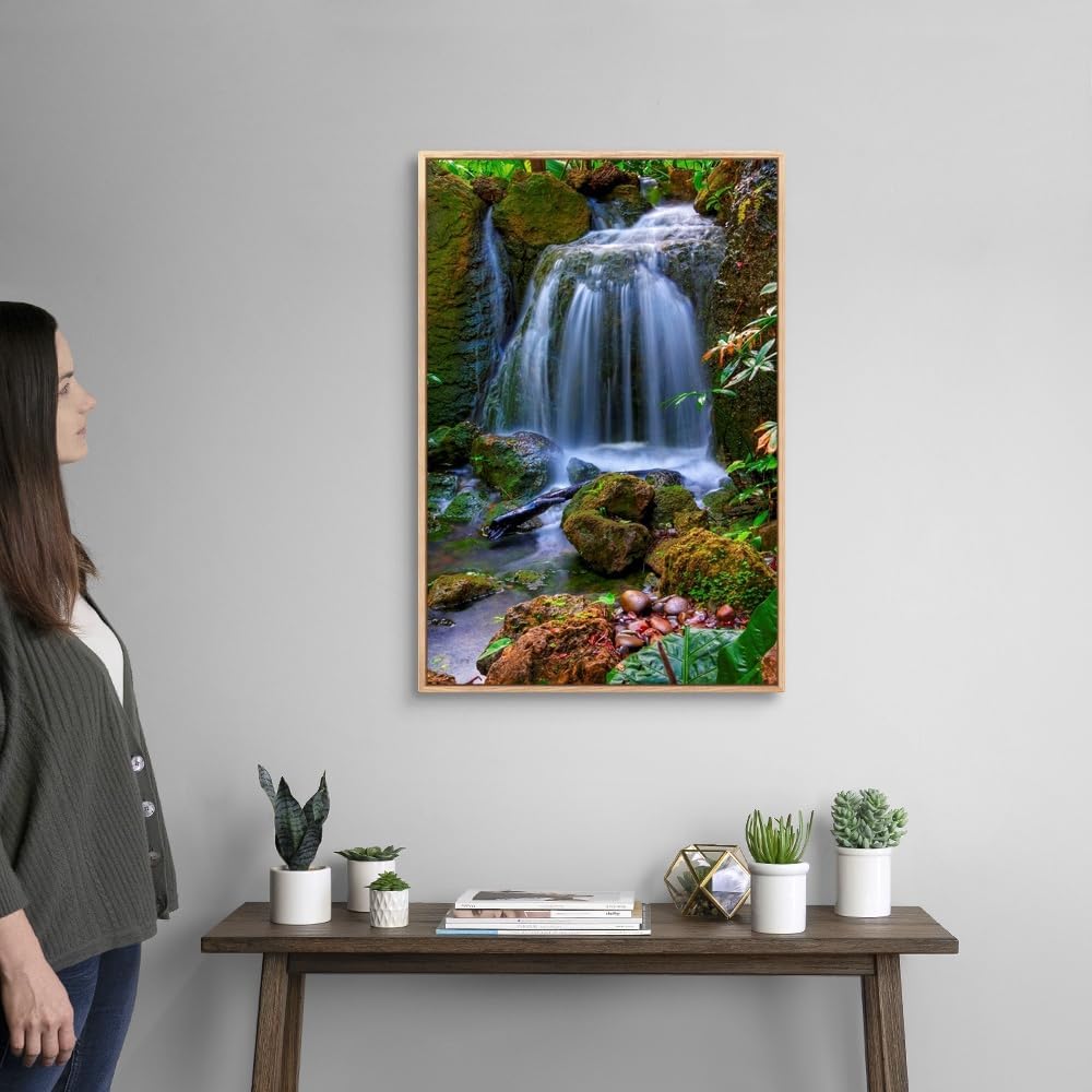CANVAS ON DEMAND Waterfall in Tropical Rainforest of Fairchild Tropical Gardens, Natural Wood Float Framed Canvas Wall Art Print, Home Decor, Floral, Flowers, Nature Artwork, 20" x30in