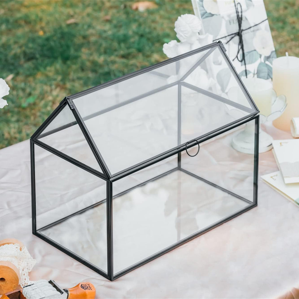 NCYP Glass Cards Box with Lid for Wedding, Birthday, Party Reception - 10.2x5.9x8.2 Inches House Shape Card Holder, Home Decor, Large Succulents Terrarium Planter, Black (Glass Box Only)