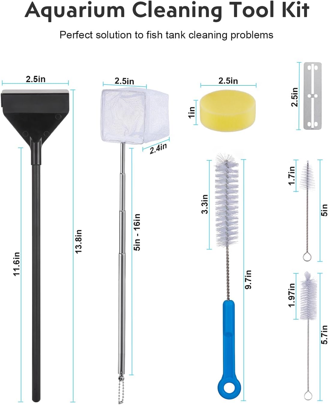 Fish Tank Cleaning Kit: Algae Scraper for Aquariums Glass Scrubber Cleaner Tools with Handle - 7 in 1 Betta Fish Tanks Cleaning Accessories Set Including Fishing Net Sponge Brush Pump Brush