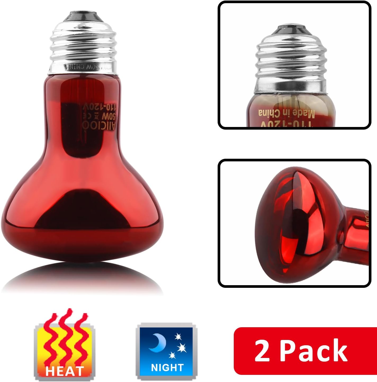 Aiicioo Reptile Red Light Bulb - Reptile Heat Lamp Bulb Infrared Basking Spot Lamp for Bearded Dragon Lizard Turtle Hermit Crab Leopard Gecko Snake Chameleon 50W