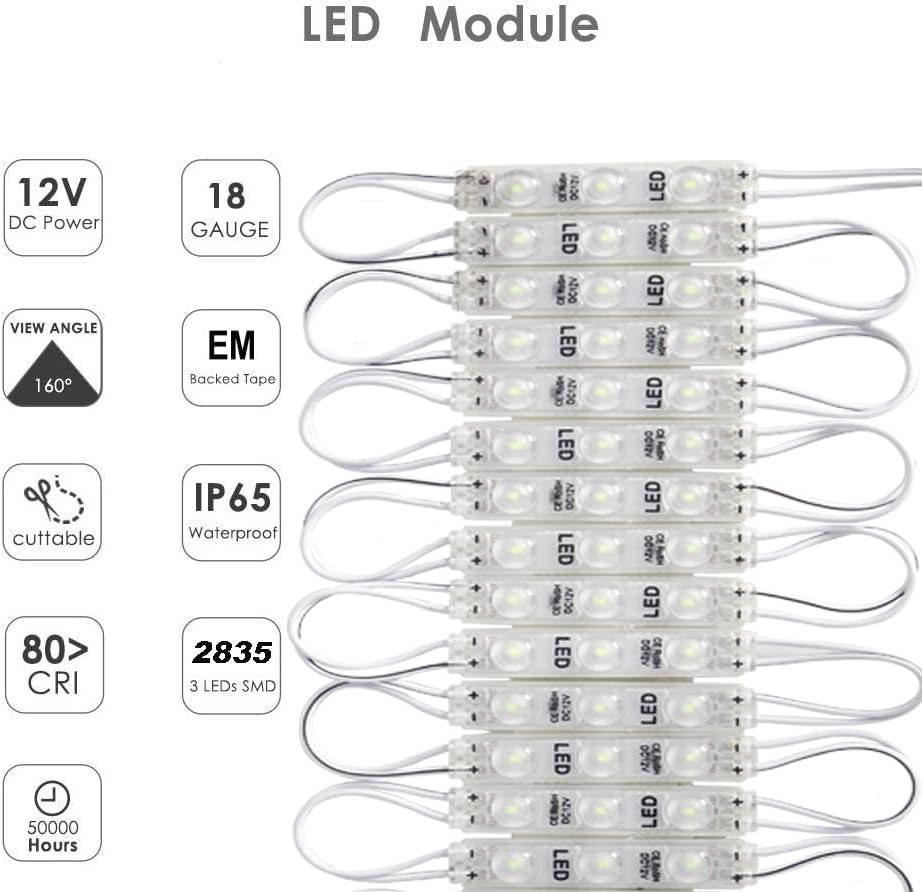 LED Module, 200pcs 100 Ft 3 LED Sign storefront Lights Module White Super Bright 2835 SMD IP65 Waterproof for Advertising Signs with Tape Adhesive Backside (White Light,NO Power Supply)