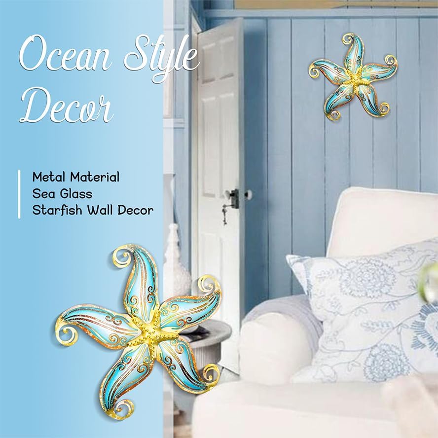 Metal Starfish Wall Decor, Sea Life Coastal Decorations 12 inch Starfish Wall Art, Nautical Home Decoration Handing Ocean Beach Wall Art for Garden,Fence,Home,Patio,Kitchen,Bathroom,(Blue)
