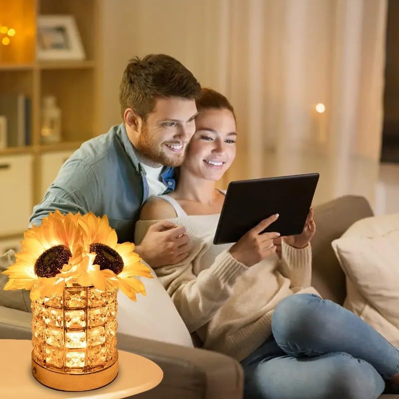 Crystal Cube LED Night Light with Sunflower Vase, USB Rechargeable Table Lamp, 3 Color Modes, Touch Control, Decorative Accent Light for Bedroom, Home (Crystal Column/Pillar (Sunflower))