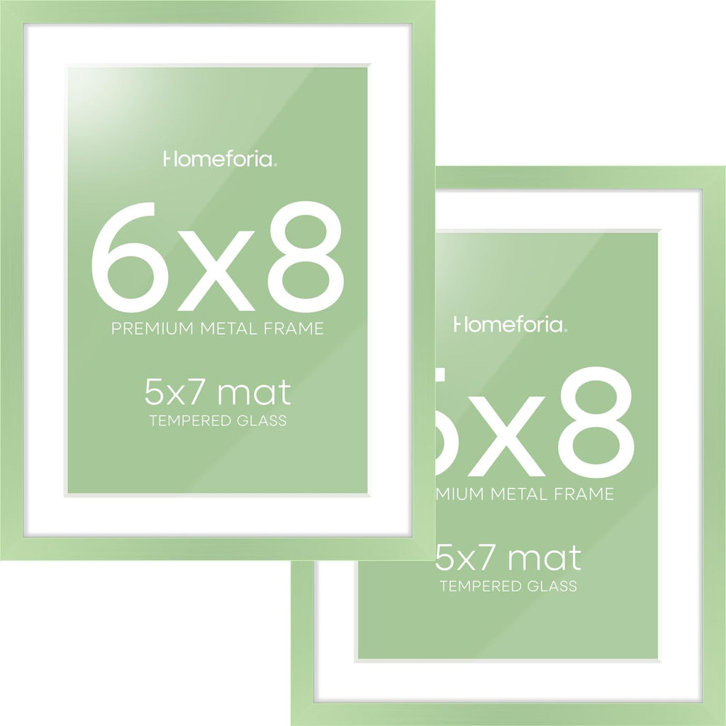 Homeforia Sage Green 6x8 Picture Frame, High End Metal 6 x 8 Frames with Mat 5 x 7 for Photo, 6by8 Desk Frame Matted to 5x7 inch Art, 6 by 8 Wall or Tabletop Frames, Tempered Glass, Wall Kit, Set of 2