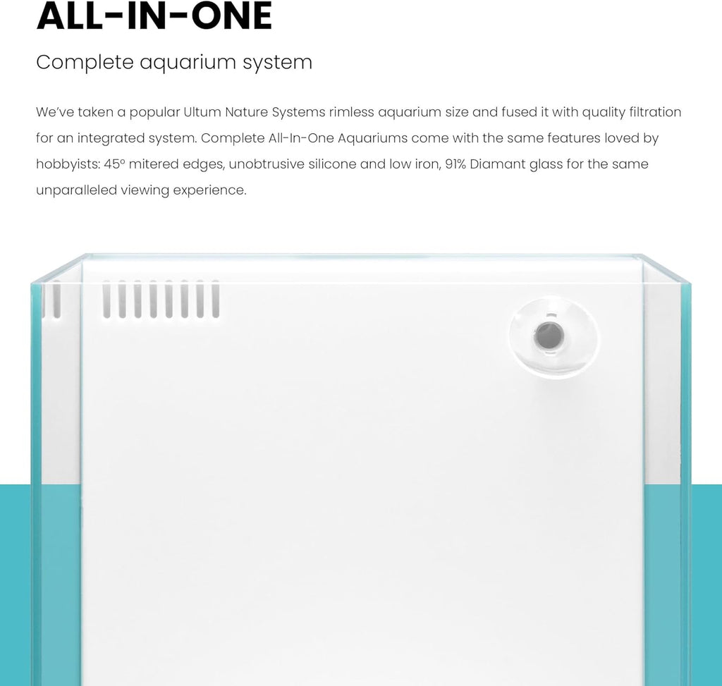 Ultum Nature Systems Rimless All in One Aquarium - Cube Fish Tank, Freshwater AIO Aquarium, Rimless Fish Tank w/Triple-Chamber Filter & White Background - 7 Gallon - 11.81" x 11.81" x 11.81" - 30A