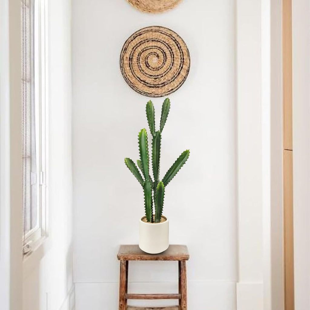 DILATATA 32.5" Tall Fake Cactus Plant Decorative Potted 'Euphorbia Accruensis' - Large Artificial Cactus for Home, Garden, Office Decor - Housewarming Gifts