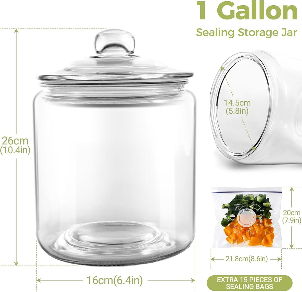 Masthome 1 Gallon Glass Jar with Lid,Large Glass Cookie Jar,Wide Mouth,Dishwasher Safe,Large Clear Jar,Storage Containers with Lids For Flour,Nuts,Cookies,Snacks-Send 15pcs Food Storage Bags
