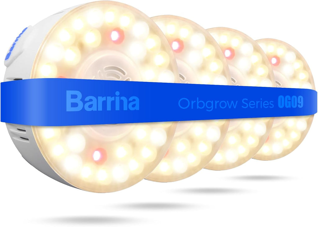 Barrina Orbgrow OG09 Puck LED Grow Light with 660nm Red LEDs, 36W(4 x 9W, 540 Watt Equiv), Plant Lights for Indoor Plants Full Spectrum, Magnetic & Linkable, Small Grow lamp for Plant Shelf, 4 Packs