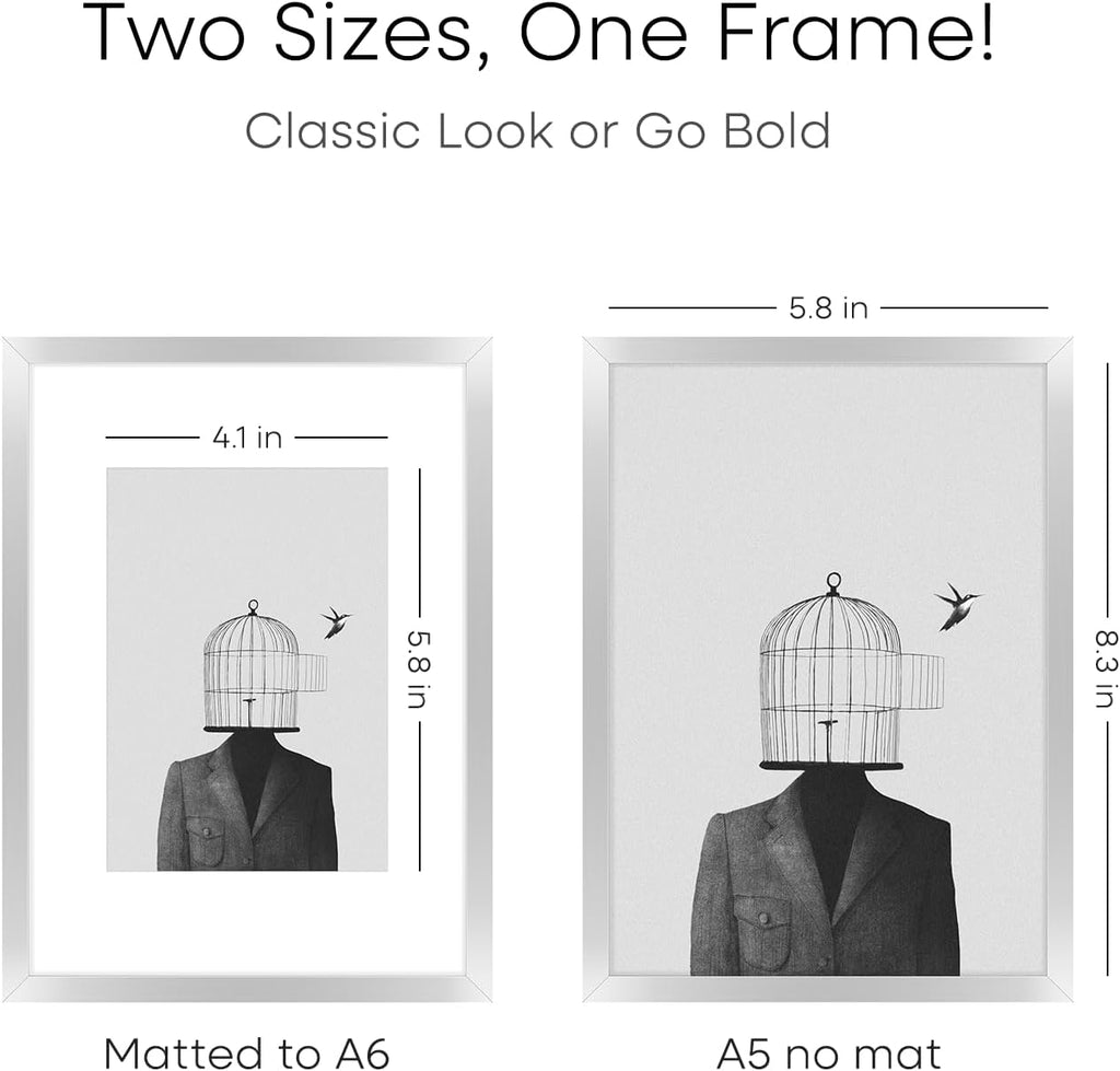 Homeforia A5 Picture Frame Silver, High End Metal 5.8 x 8.3 Frame Matted to 4.1 x 5.8 Art, A5 Frame with Mat A6, 5.8x8.3 Poster Frames, 8.3x5.8 Size Display Frames, Tempered Glass, Wall Kit, Set of 3