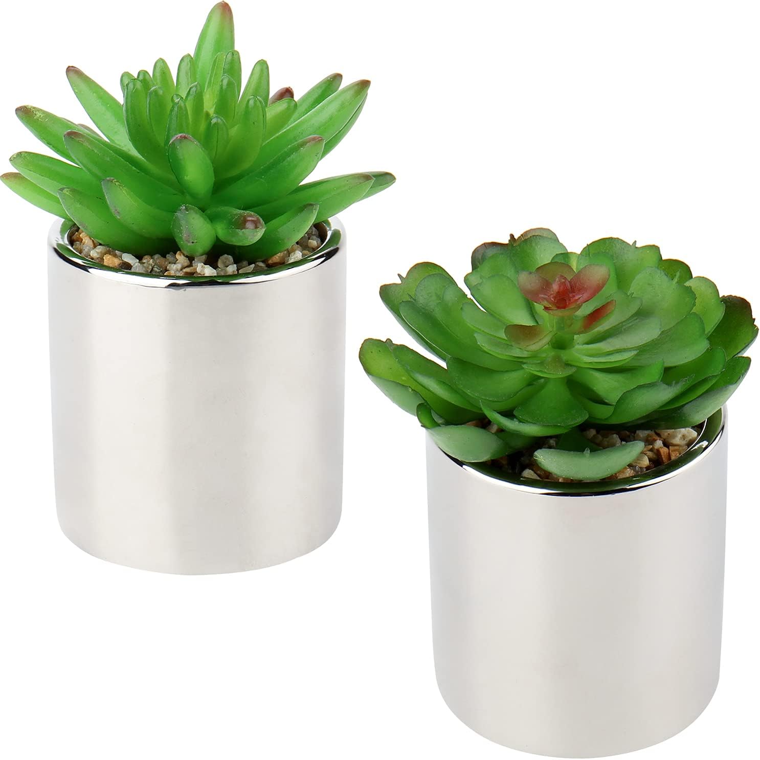 Briful Small Artificial Succulents in Pots Set of 2 Realistic Faux Succulents Plants with Silver Ceramic Pots Cute Mini Fake Plants Decor for Modern Home Table Office Desk Bathroom Shelf Decoration