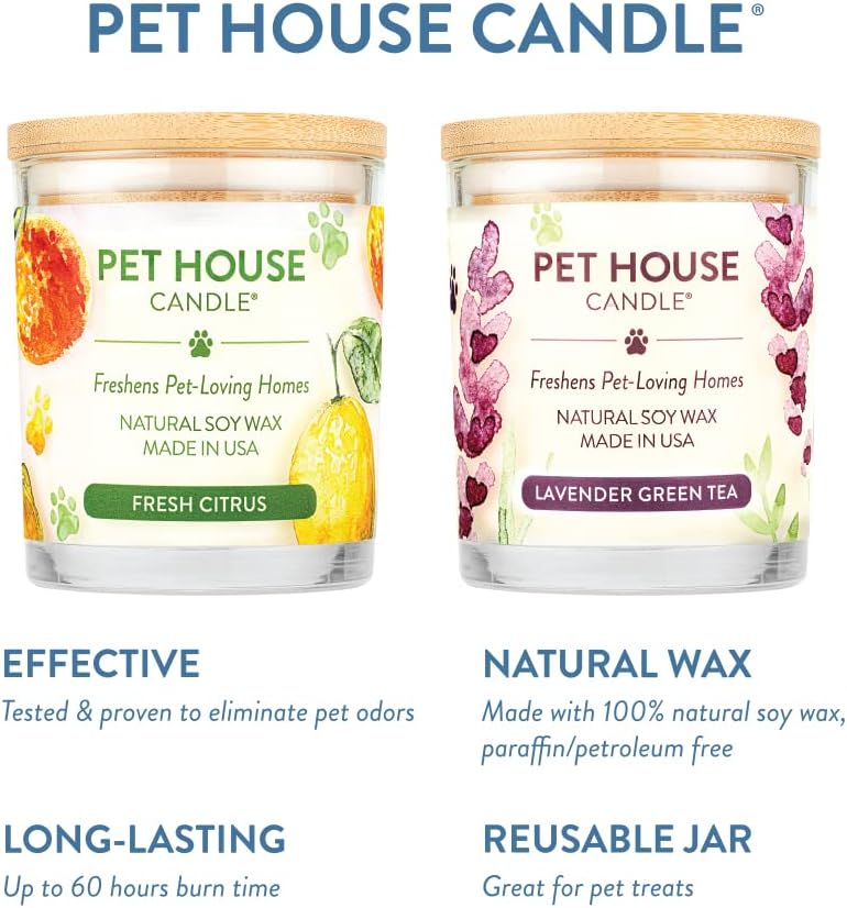 One Fur All Pet House Candle 2 Pack - Plant-Based/Soy - Clean Burning Scented, Long Lasting Pet Odor Candle for Home - Fresh Citrus, Lavender Green Tea