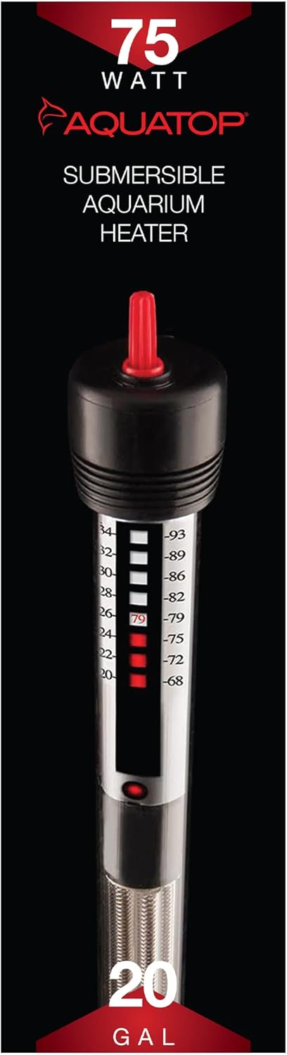 Aquatop 75W Aquarium Submersible Glass Heater – Fully Submersible for Fish Tanks Up to 20 Gallons, 68-93F Adjustable Temperature Range, Fresh & Saltwater Use, Aquarium Heaters, GH-75