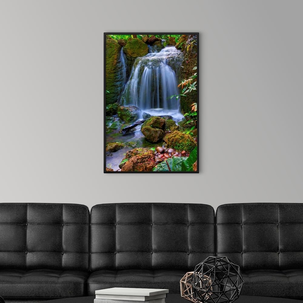 CANVAS ON DEMAND Waterfall in Tropical Rainforest of Fairchild Tropical Gardens, Black Float Framed Canvas Wall Art Print, Home Decor, Floral, Flowers, Nature Artwork, 20" x30in