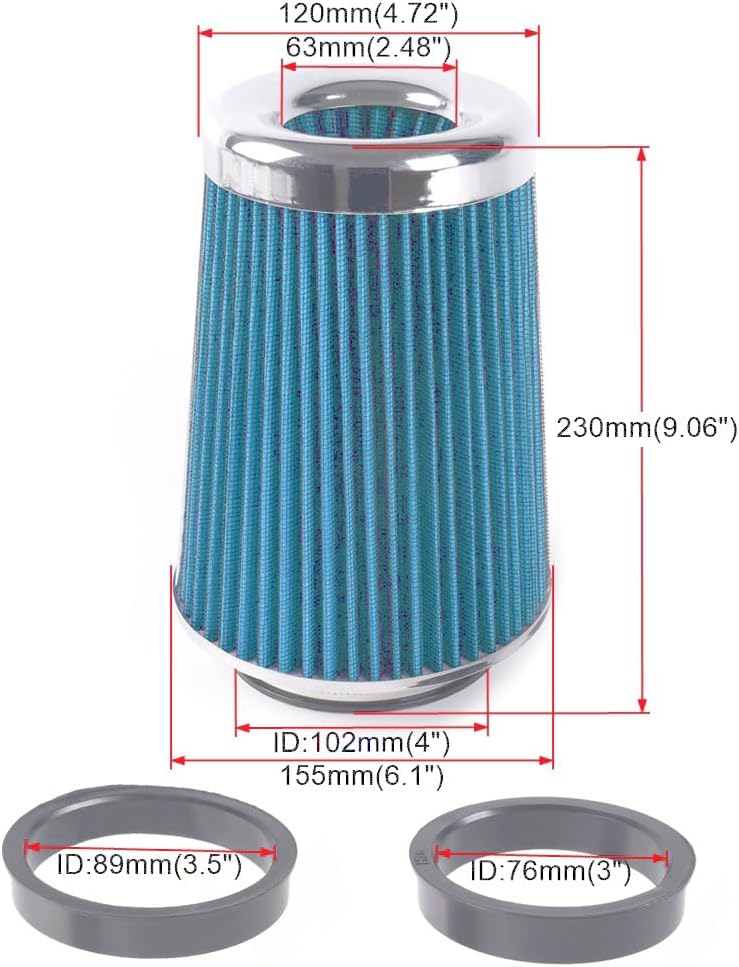 4-Inch Cold Air Intake Filter - Washable, High Performance, 3" or 3-1/2" or 4" Clamp-On Replacement Air Filter Blue (8" Tall)