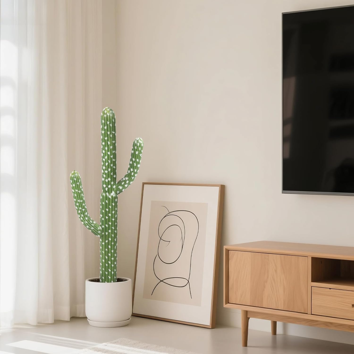momoplant Artificial Cactus Succulent Plant, 34 Inch Tall Faux Fake Desert Cacti Plant with Black Planter for Home Garden Office Floor Decor