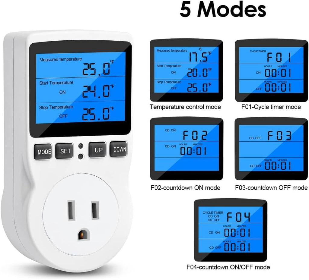 Diymore Digital Thermostat Temperature Controller Electric Digital RV Thermostat Heating Cooling Control Mode Timer 1800W 120V 15A Incubator Thermometer Reptile Thermostat Greenhouse Pool Thermometer