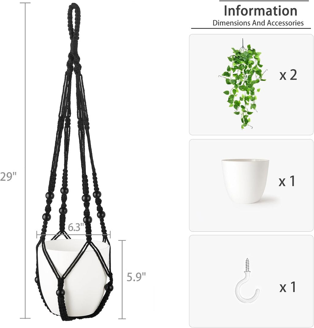 Mkono Fake Hanging Plant with Pot, Artificial Plants for Home Decor Indoor Macrame Plant Hanger with Fake Vines Faux Hanging Planter Greenery for Bedroom Bathroom Kitchen Office Decor (1, Black)