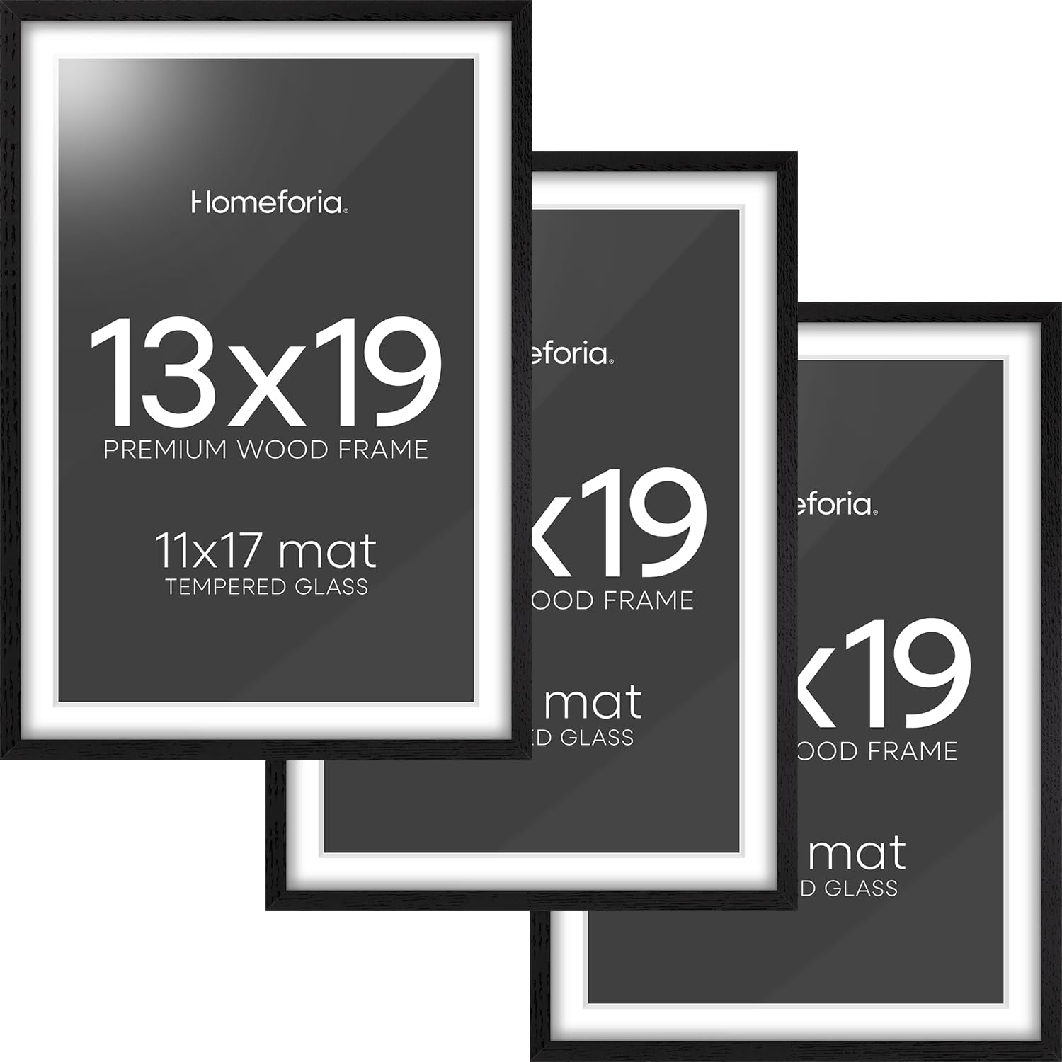 Homeforia 13x19 Picture Frame Black Wood, High End Oak 13x19 Frames with Mat 11x17 Photo, 13 x 19 Wooden Poster Frame Matted to 11 by 17 Print, 19x13 Hanging Frames, Tempered Glass, Wall Kit, Set of 3