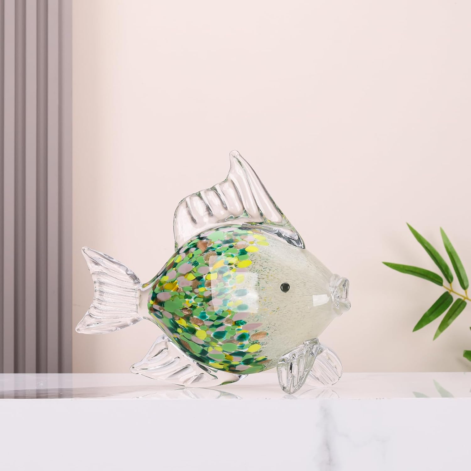 Large Hand Blown Glass Fish Figurines, Aquarium Sea Glass Art, Emerald Green Fish Statue Sculpture Modern Coastal Accent - for Beach Knick Knacks, Coffee Tables, Nautical Offices Centerpiece
