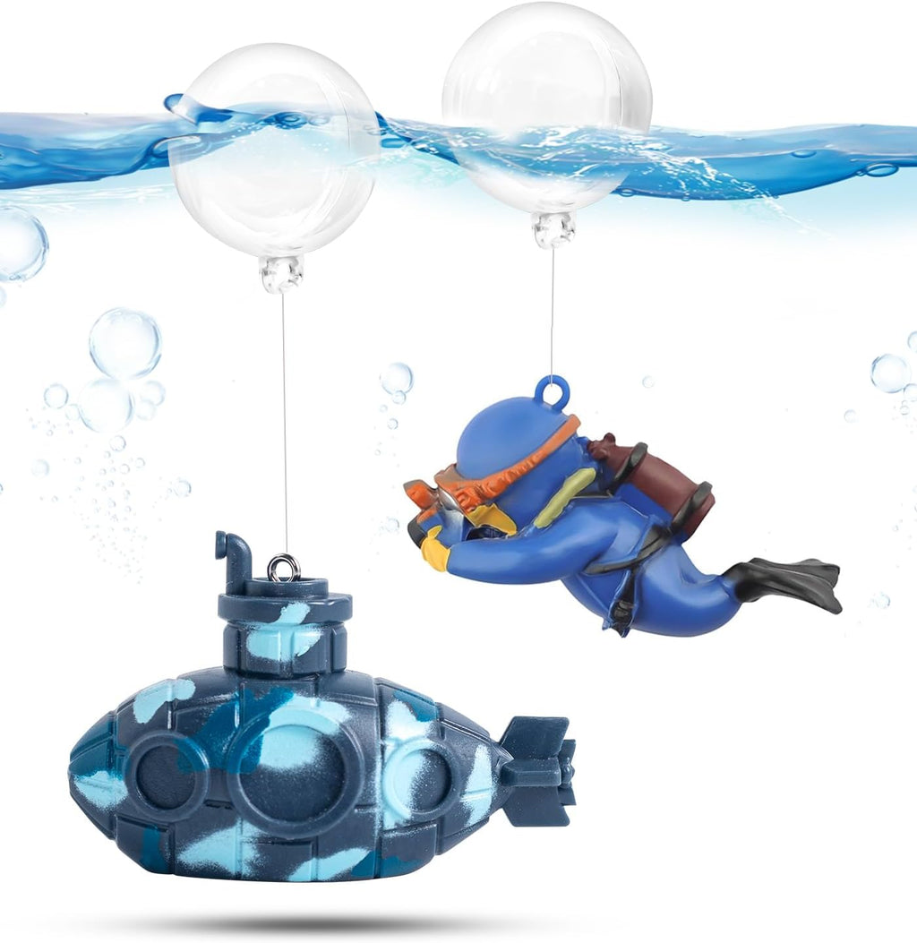 CousDUoBe 2.1 in Mini Floating Submarine Fish Tank Decoration Set，Cute Retro Submarine Set and Floating Diver,Aquarium Decorations Resinous Betta Fish Tank Accessories