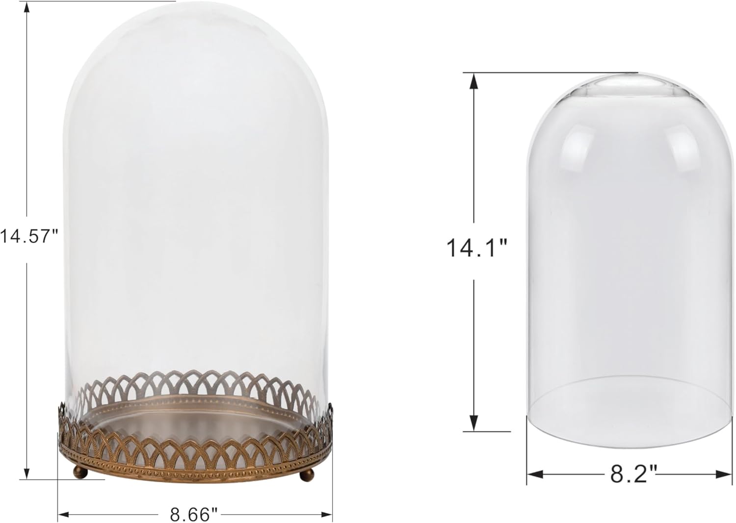 14" Tall Glass Dome with Metal Base Base in Antique Bronze for Terrarium, Plants, Trinkets, Cakes, Figurines, LED Light String, Candle. Cloche Glass Dome, Bell Jar Display Case, Mantle (1, 8"x14")