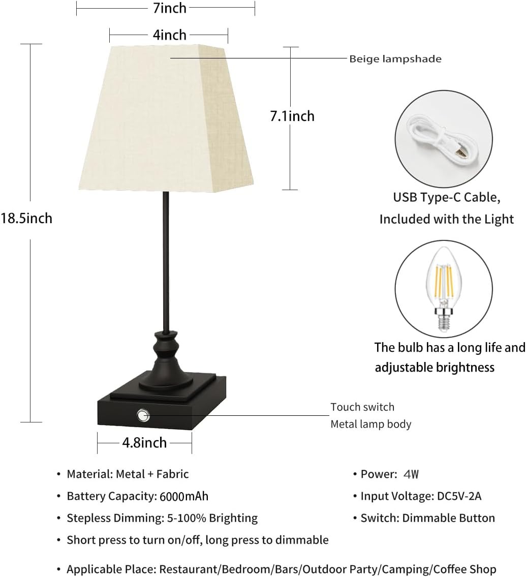 Rechargeable LED Table Lamps with Stepless Touch Control,Black Cordless Lamp for Living Room&Bedside&Patio&Shower,Small Desk Lamp(6000mAH Battery),2 Pack for Home Decor,Best Gifts for Family