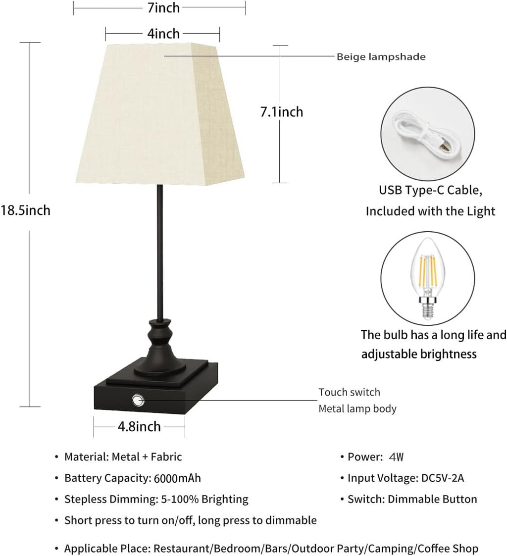 Rechargeable LED Table Lamps with Stepless Touch Control,Black Cordless Lamp for Living Room&Bedside&Patio&Shower,Small Desk Lamp(6000mAH Battery),1 Pack for Home Decor,Best Gifts for Family
