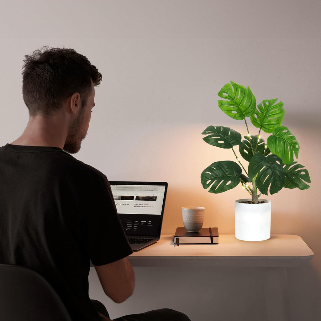 RECUTMS Fake Plants Tall 18In with Light Artificial Monstera Plant Potted Tropical Palm Tree in White Pot Faux Potted Greenery for Indoor Home Office Table Living Room Balcony Porch Outdoor Decor