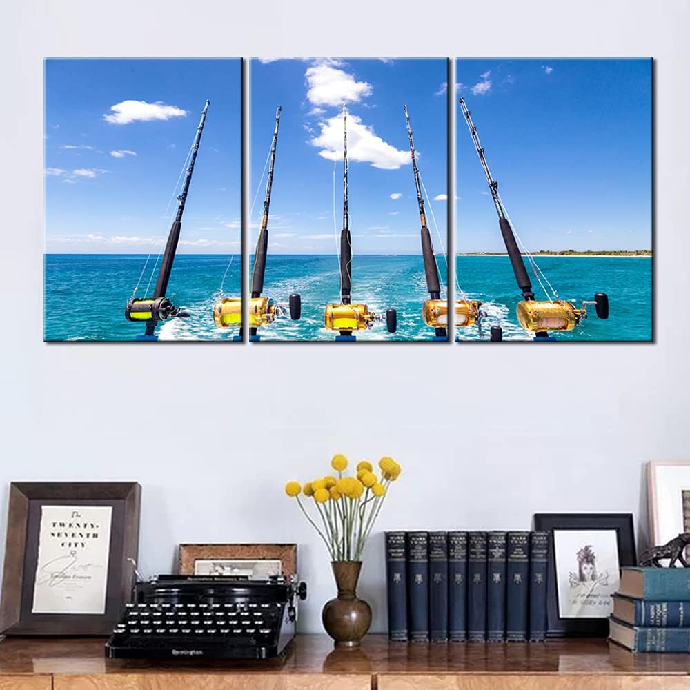 Fishing Pictures Fishing Rod Painting for Living Room Kitchen Fish Decor for Home Ocean/Seascape Wall Art 3 Pieces Big Game Artwork Framed Gallery-Wrapped Ready to Hang Man Cave Gift(42''Wx20''H)