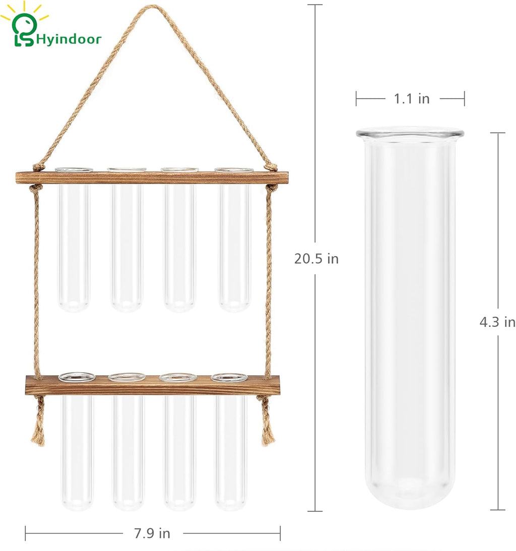 Wall Hanging Planter Terrarium 2 Tired Test Tube Vase Glass Planter Plant Propagation Station Plant Hangers of Rope with Wooden Stand and 8 Tubes for Hydroponic Plant Cutting