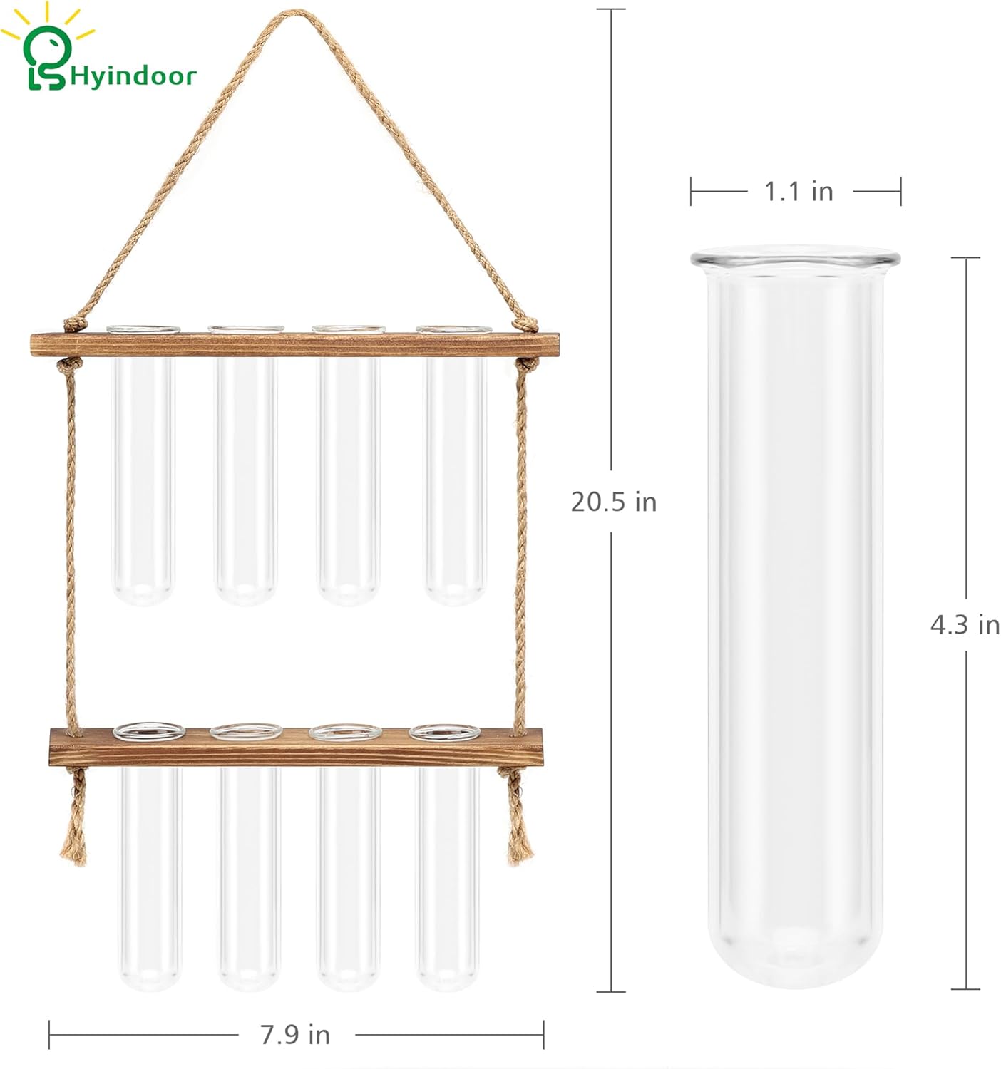 Wall Hanging Planter Terrarium 2 Tired Test Tube Vase Glass Planter Plant Propagation Station Plant Hangers of Rope with Wooden Stand and 8 Tubes for Hydroponic Plant Cutting
